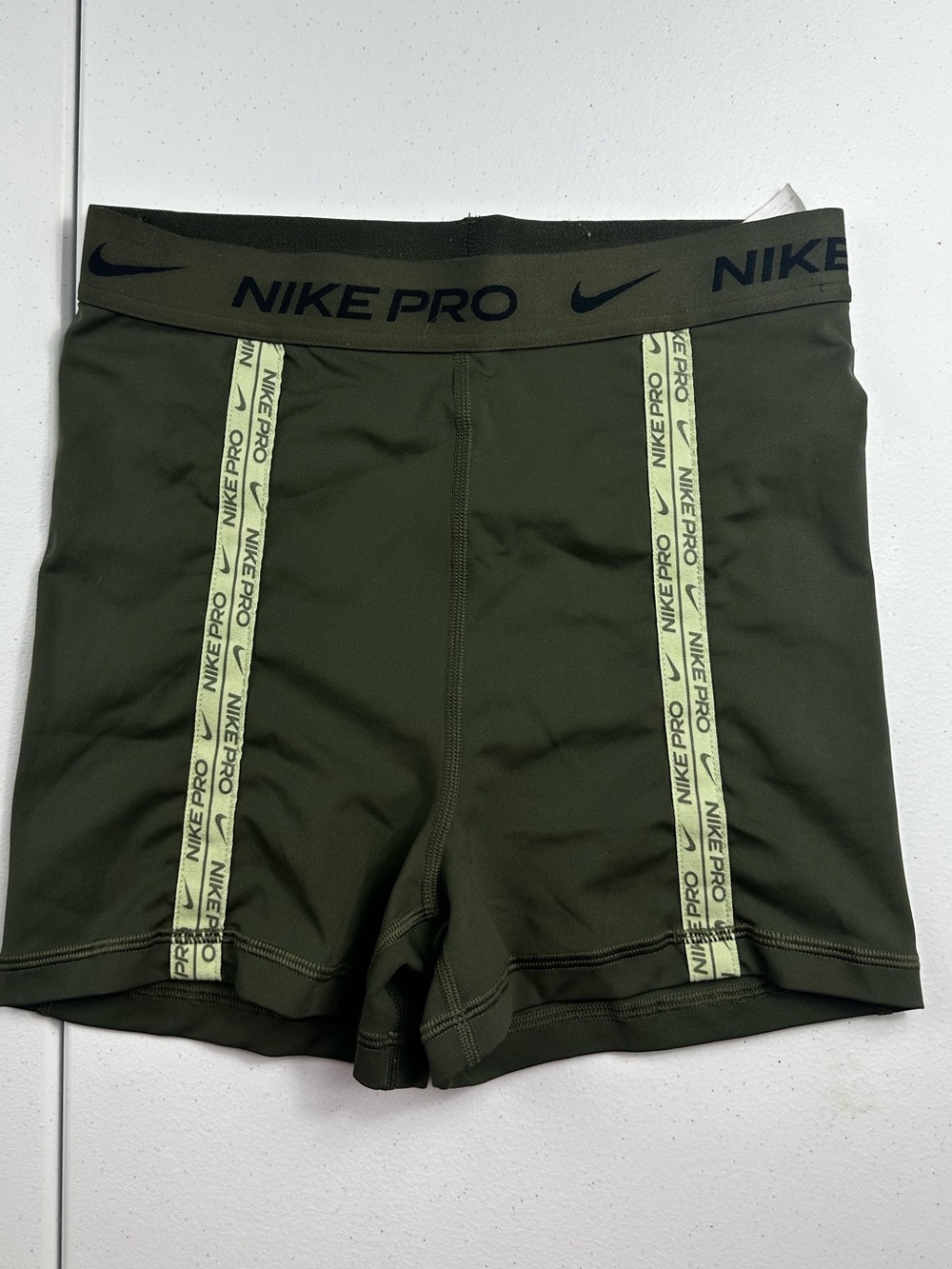 Nike Pro Olive Green Athletic Compression Shorts with Lime Trim